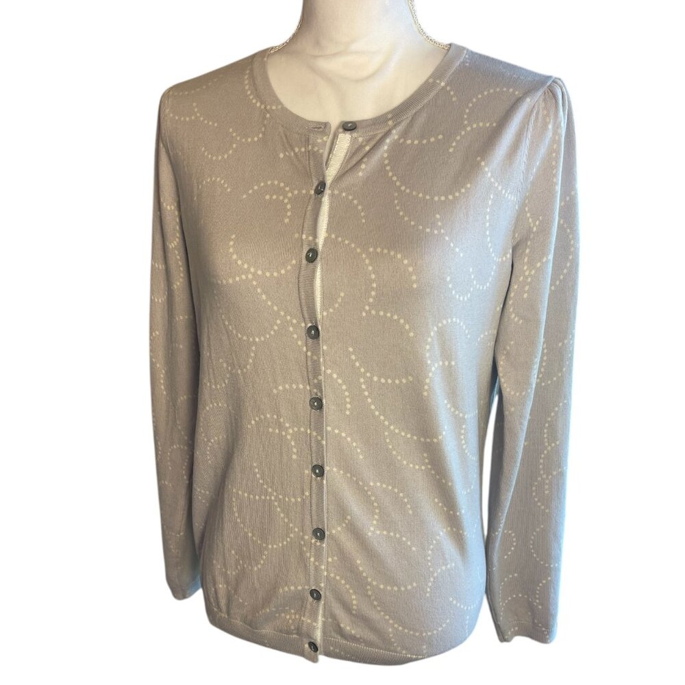 Boden Taupe Button Front Knit Cardigan 10 Polka Dot Abstract Work Preppy Sweater - Picture 2 of 14